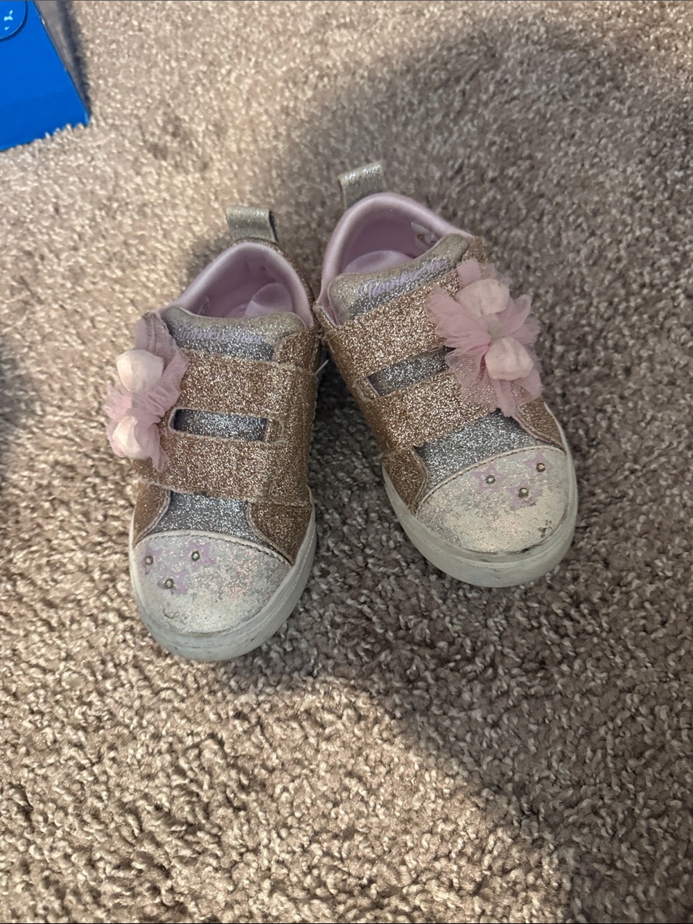 Used Skechers Glitter Pink and Silver Floral Hook-and-Loop Kids Sneakers